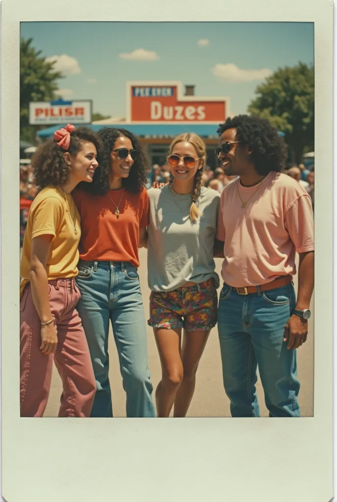 Create a realistic nostalgic Polaroid photo from the 1990s in America, capturing a group of friends or young people having fun. The scene should include '90s fashion, hairstyles, and accessories, with a backdrop that evokes the vibrant, carefree atmosphere...