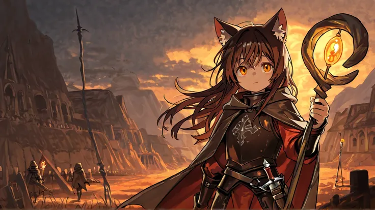 One young cat girl adventurer with cold look, long dark brown hair and amber eyes. Wear a dark leather armor with cloak, a staff in one hand and small dagger in other. The head of the staff glowing with faint scarlet glow. Put the landscape of the medieval...