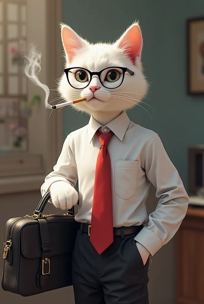 A white color cat is standing who is wearing pants White color shirt and red tie Cigarette in mouth There should be an office bag in hand A black color glasses on the eyes 