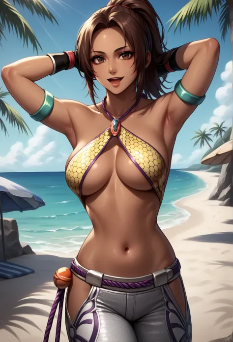 score_9, score_8_up, score_7_up,  source_anime,  BREAK,  TekkenChris, ponytail, dark-skinned female, brown eyes, yellow crop top, criss-cross halter, underboob, green armlet, fingerless gloves, silver pants, hip vent, 1 girl, solo, beach, palm tree, rope b...