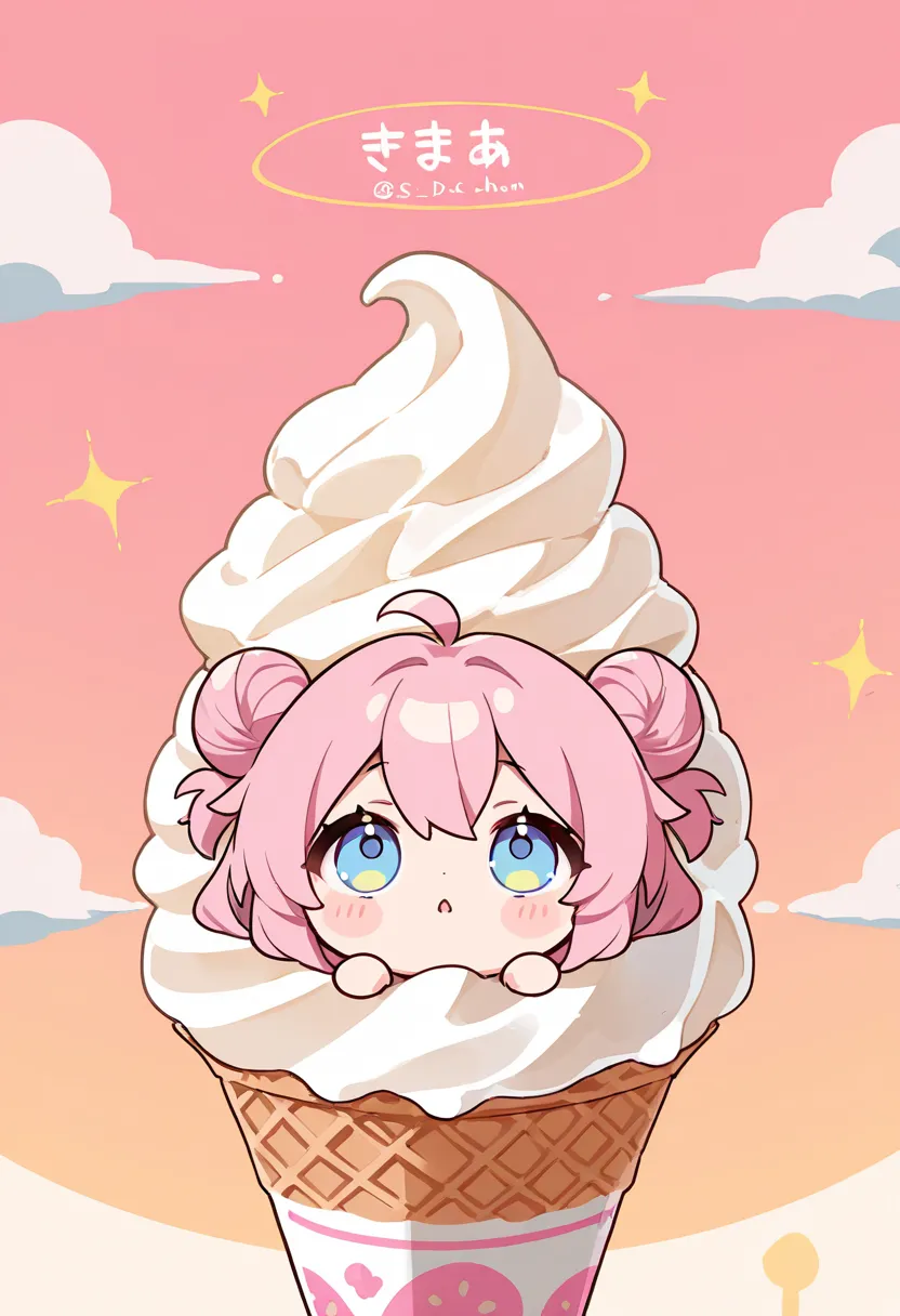 masterpiece, TOP QUALITY, with a drop in the sky and one soft serve ice cream shaped cloud, SD character Chibi-chan looking up