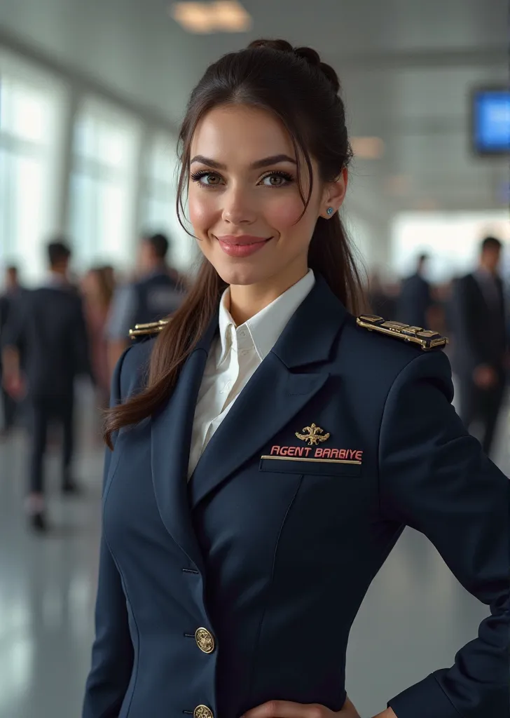 Brunette woman dress up as flight attendant with Agent Barbiye writing on jacket