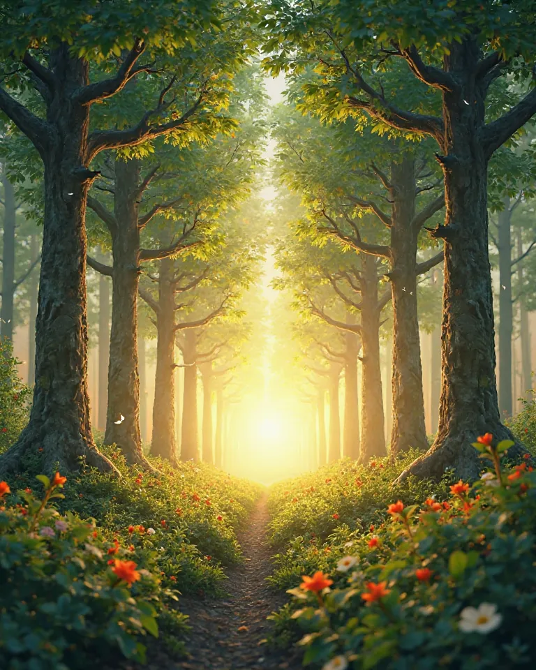 A magical time-lapse of the saplings growing into tall, strong trees. The sun rises and sets quickly, birds return, and flowers bloom. The forest becomes green and full again."