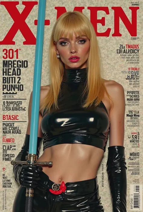 Create the cover of a fashion magazine with Magik X-men real woman hyperrealistic Hyperrealism as the protagonist of the cover and with background texts as if it were a real magazine.  outfit.  hyperrealism. live action magazine. large breasts.  by the blo...