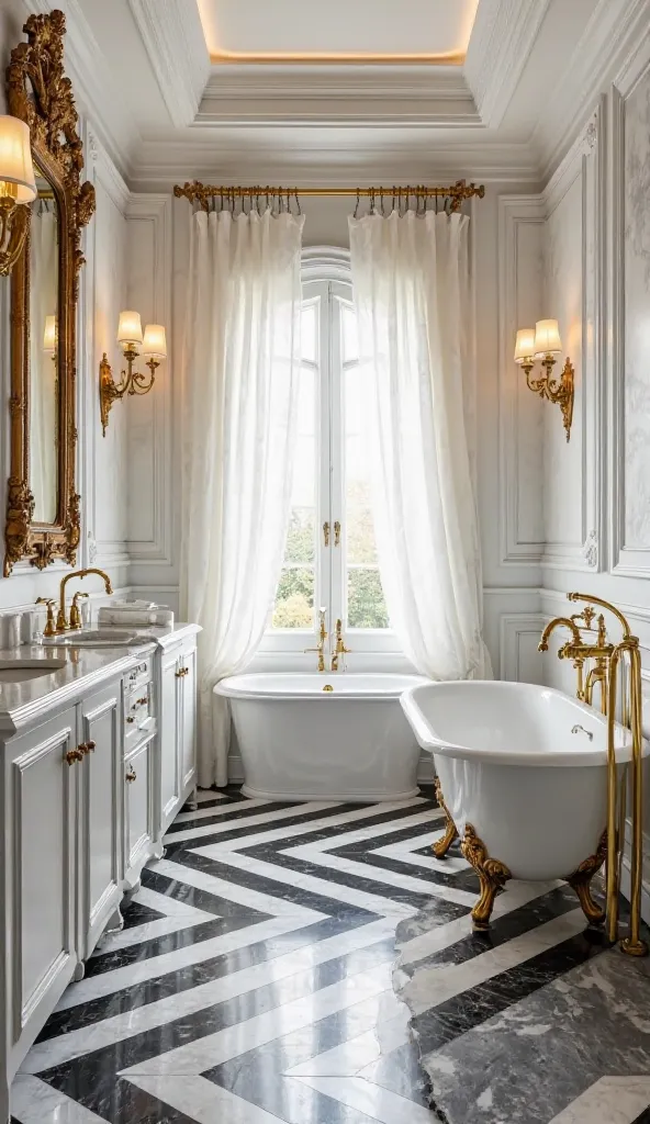 Bathroom

"A modern Victorian bathroom with a royal design, white marble walls with gold details, a huge mirror with a carved Victorian frame in gold, a freestanding bathtub with a classic design with ornate legs, elegant gold faucets that add a touch of l...