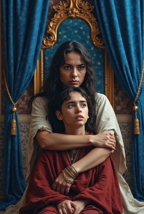 Hebrew woman hiding a Hebrew boy inside the royal palace , a throne with blue curtains 