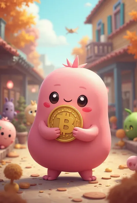 MapleStory cute pink bean is holding bitcoin, With friends