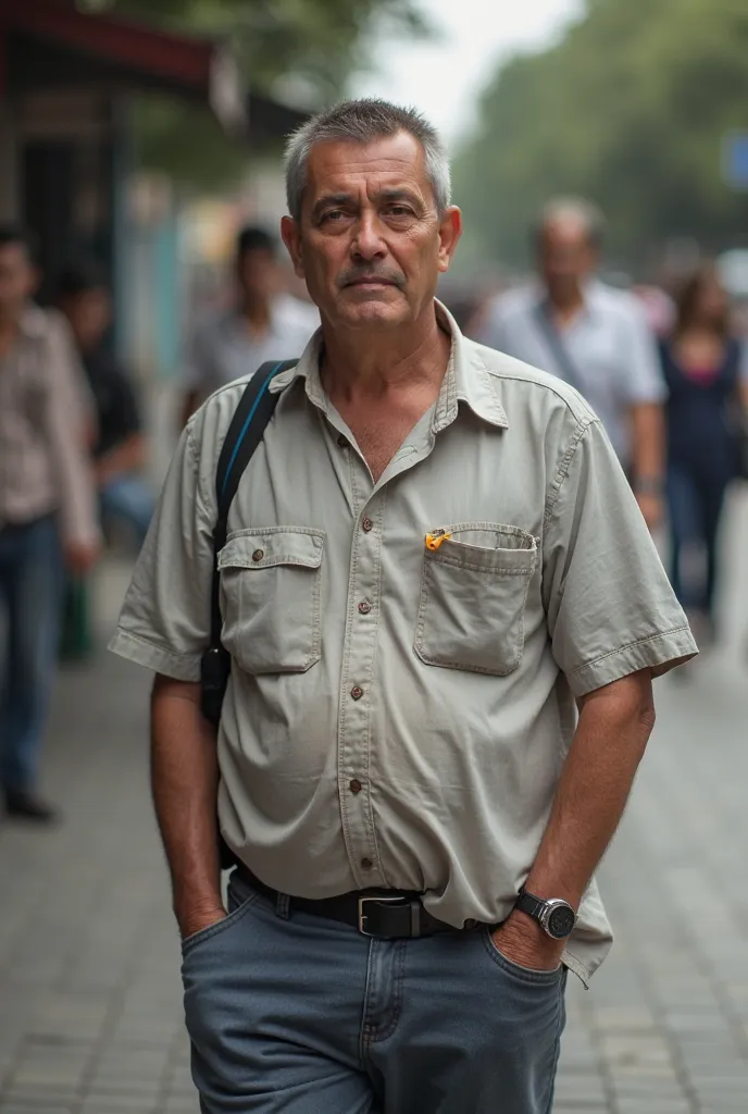 Photographer from a distance shot of a man with short hair in his 40s with a belly button in his 40s