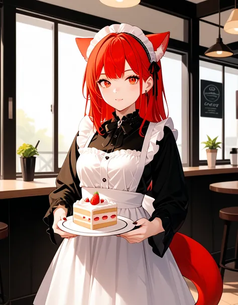 promo photo , The location is a coffee shop, 1 girl, 16-year-old face , waitress carrying cake to the table , red haired twin tail, Kind Face, in half costume with gothic lolita and maid clothes、Image of strawberry, dress based on white,