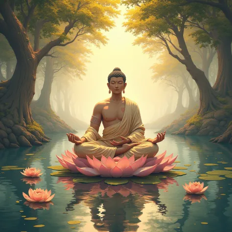 Buddha,Meditate under the Pho Tree,บนlotus,Riverside ,lotus