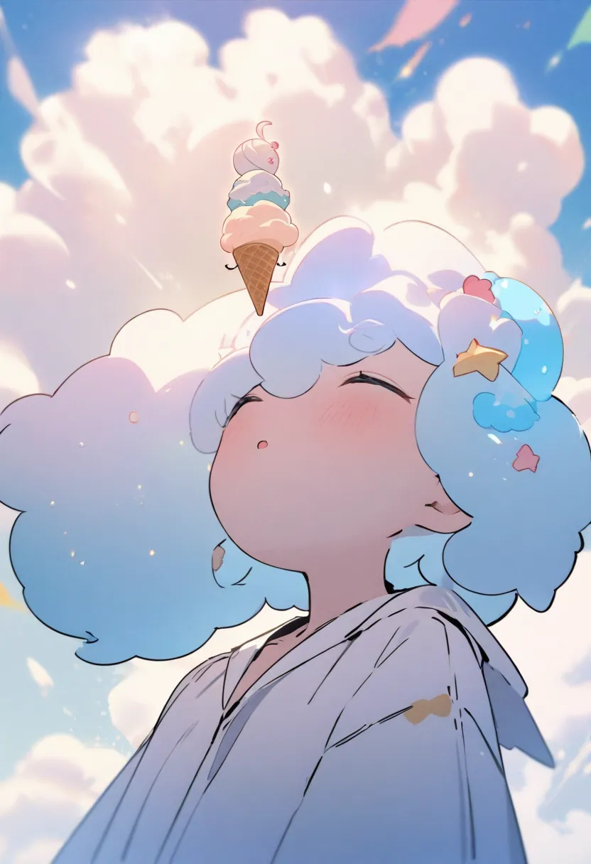 masterpiece, TOP QUALITY, with a drop in the sky and one soft serve ice cream shaped cloud, SD character Chibi-chan looking up