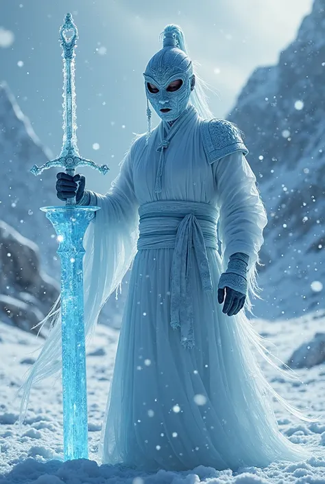 /imagine prompt: A hyper-realistic depiction of a masked ice warrior holding a glowing ice sword. The warrior wears lightweight, elegant clothing inspired by traditional Chinese attire, featuring flowing lines and subtle icy patterns. The glowing sword emi...