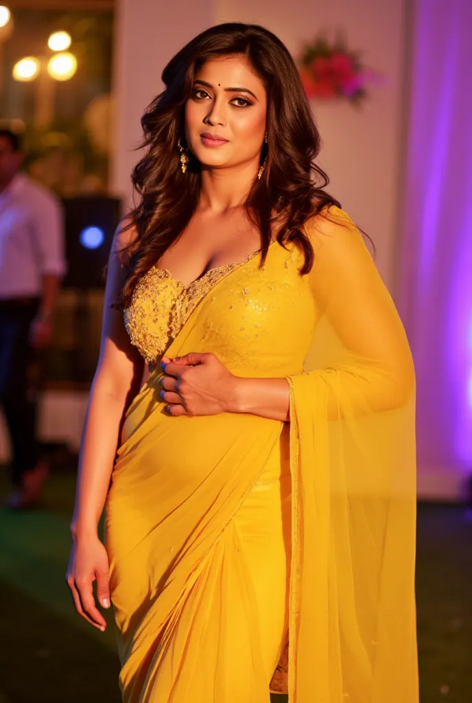 full body image, Indian mature woman, in her 50s, hot, gorgeous, fit, big bust and ass, thick wavy hair, yellow ethenic seductive backless saree, standing in an Indian wedding reception, night time, indian wedding decorations all around.