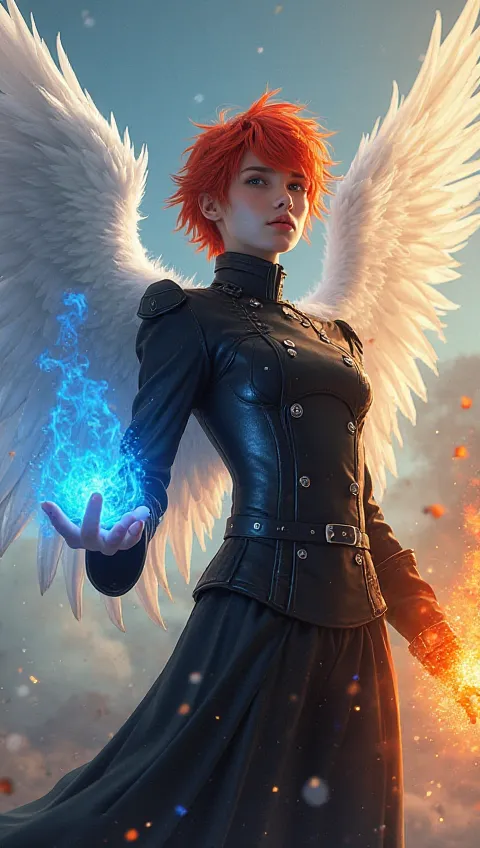 fantastic beauty、live-action、 perfect balance 、high definition、16k、fantasy closer to reality、pretty boy angel in a tight black military uniform with red hair, fluffy, medium hair spreading big white wings、A blue fire in the right hand that rises high above...