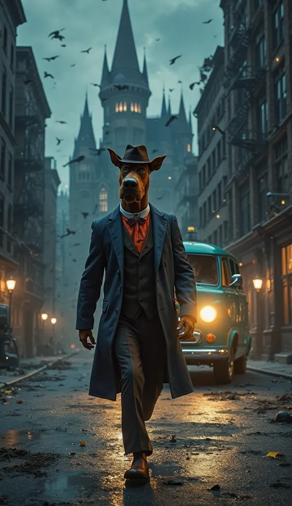 Scooby Doo in a Mafia suit walking through a dark city and his van in the background with the headlights on, with a haunted castle in the background 