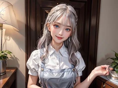 (from below:1.1),((1girl, silver hair, long hair, qutel blue eyes, beautiful eyes, pretty smile:1.5, ), coloring watercolor digital pencil ,Cherry blossoms falling,an animated painting of a woman in an apron standing at a coffee maker, 1girl, brown hair, s...