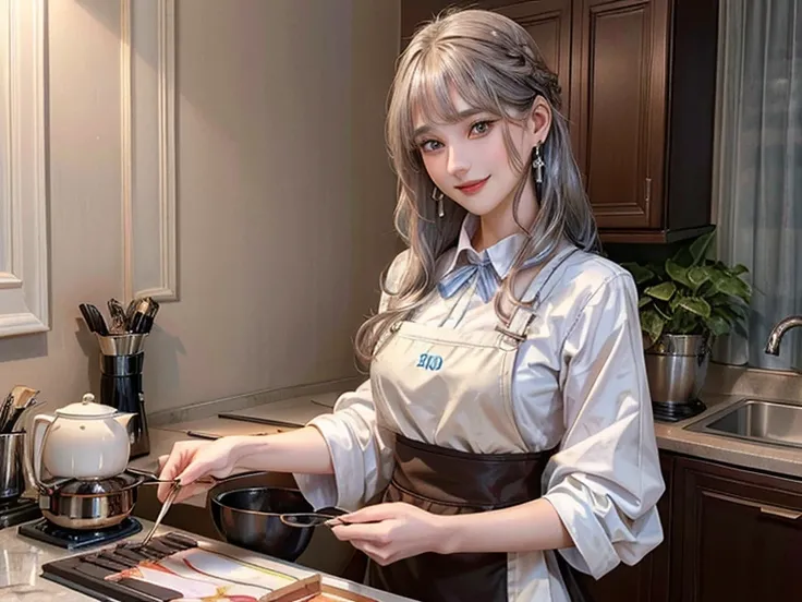 (from below:1.1),((1girl, silver hair, long hair, qutel blue eyes, beautiful eyes, pretty smile:1.5, ), coloring watercolor digital pencil ,Cherry blossoms falling,an animated painting of a woman in an apron standing at a coffee maker, 1girl, brown hair, s...