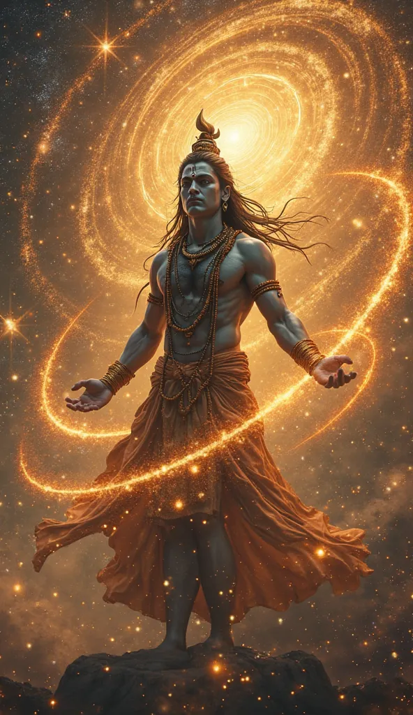 Prompt: The sound of A majestic vision of Lord Shiva's damaru echoes across the universe, resonating in every corner of existence. The vibrations dissolve negative energy and spread divine wisdom.

Background: The galaxies spin in sync with the sacred rhyt...