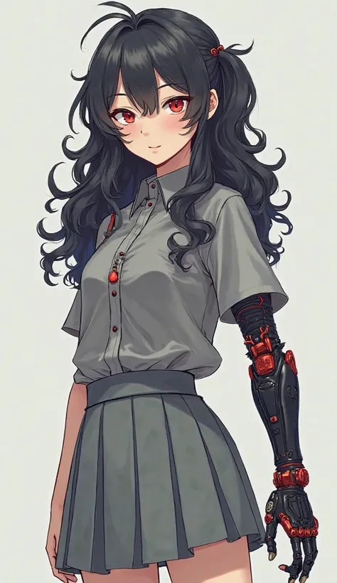 Girl with long curly black hair with small pigtails wearing gray skirt and gray blouse, his right hand and right leg are robotic in black and red and on his face robotic parts and an anime-like artificial heart