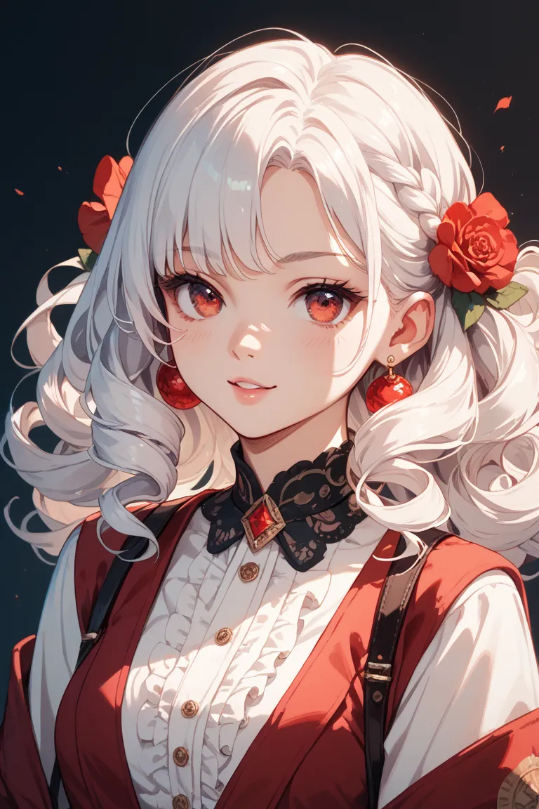 Draw my image character。Put in curly hair with red eyes and white hair color