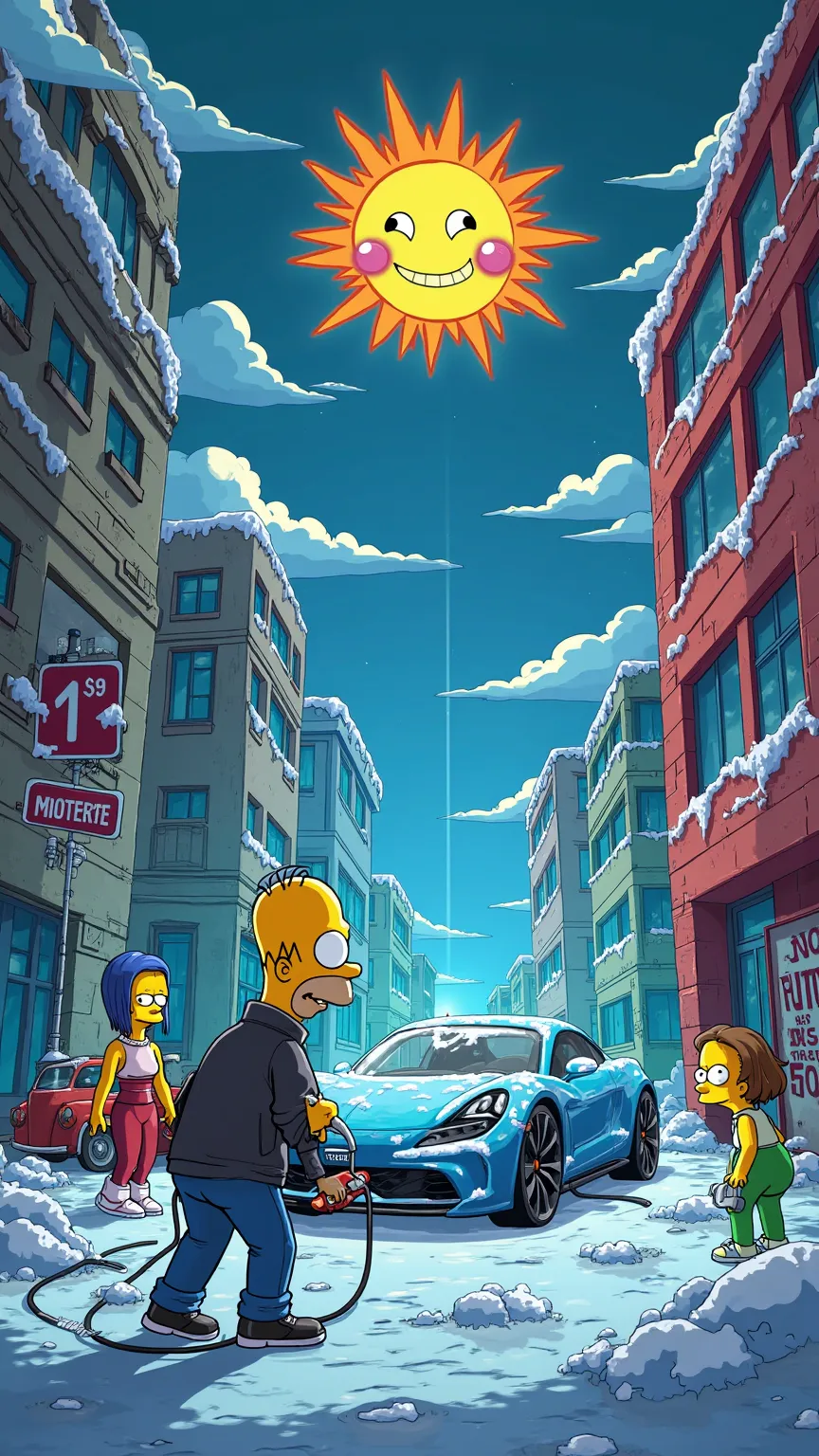 "Create an exaggerated and colorful 2D scene, inspirada en el estilo clásico de animación From The Simpsons, but with a touch of realism and striking details. The image is meant to depict a dystopian futuristic scenario where electric vehicles are literall...