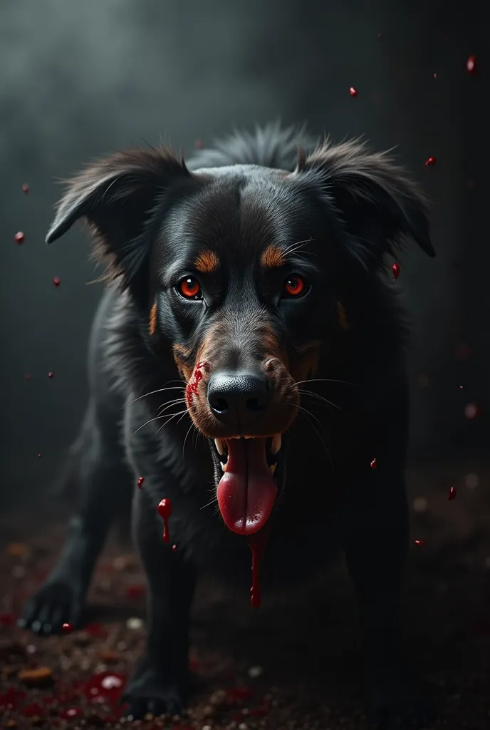 Generate an image of create an image, An angry rotwailer dog,  with black background, that the dog is demonized,  red eyes, Blood from his osico, in defense mode , a scary and cold scene, That he's jumping trying to bite, In a haze .