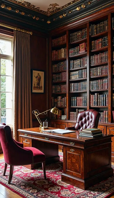 Home Office

"A modern Victorian office in dark tones, a huge wooden library extending from floor to ceiling filled with fine leather bound books. A classic wooden desk with a gold desk lamp, and a luxurious deep maroon leather chair. A tall window with he...