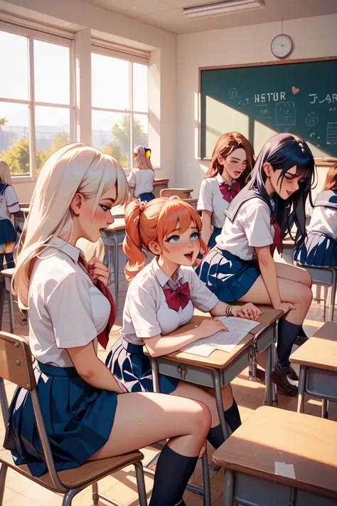 man, sex, 4girls, group of girls, multiple girls, {best quality}, {very aesthetic}, {ultra-detailed}, {best illustration}, nsfw, school uniform, classroom