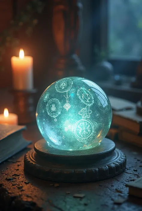 A small cystal orb engraved with intricate magical symbols. 