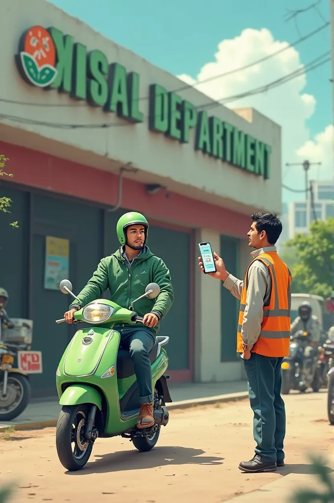 "A driver ojol in a green jacket and helmet stop in front of a security post of a health service office. He talks to the security guard looking confused, while the ojol driver shows his mobile phone. On the phone screen is visible the name of the customer ...