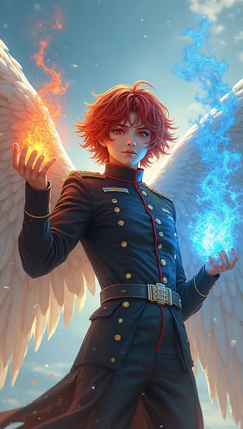 fantastic beauty、live-action、 perfect balance 、high definition、16k、Clear Images、fantasy closer to reality、pretty boy angel in a tight black military uniform with red hair, fluffy, medium hair spreading big white wings、A blue fire in the right hand that ris...