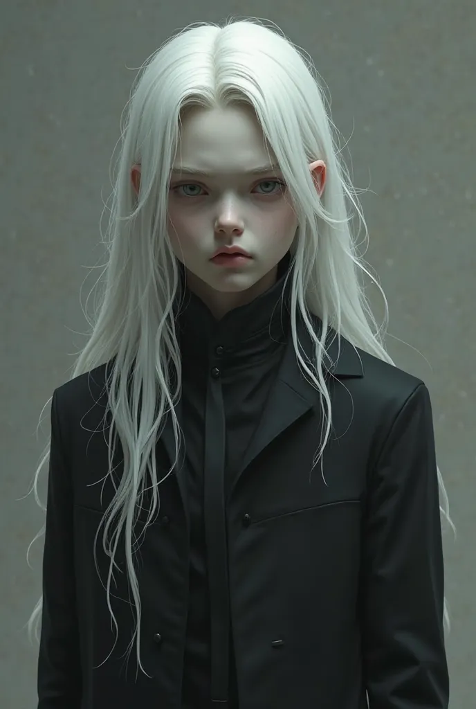 A long white hair boy with black jacket and stiff face