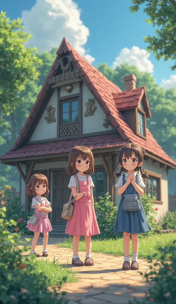 There is a house in a beautiful village, and three beautiful girls are sitting in the house, worried, picture 3D anime 