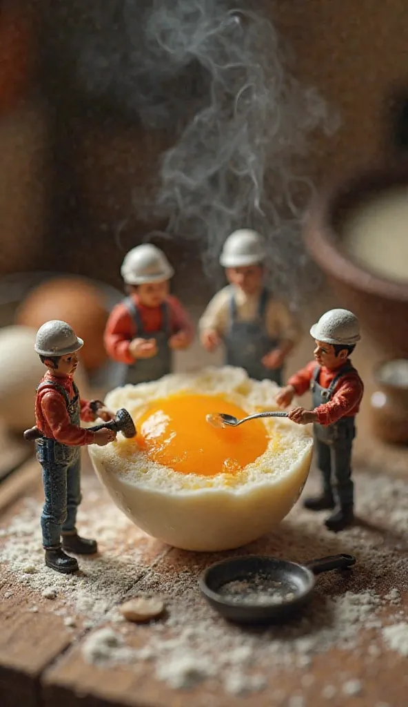 A team of tiny workers, dressed as miniature chefs, stands around a delicate, tiny egg placed on a wooden table. One worker carefully holds a tiny hammer, preparing to crack the eggshell. As the shell breaks, the workers gasp—inside is an even tinier yolk,...