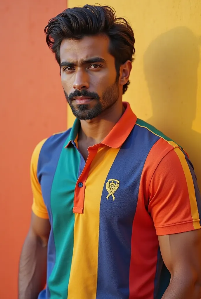 Pakistani male model wearing vibrant polo shirts in  red, orange, dark green, brwon 