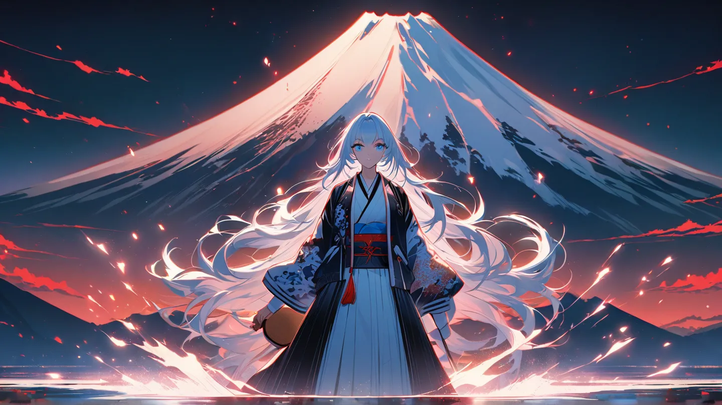 Yuki stands boldly before a massive and majestic Mount Fuji, radiating overwhelming energy. Her long silver hair flows wildly in the wind, and her icy-blue eyes glow sharply with intensity. She wears a white and blue kimono layered with a stylish sukajan j...