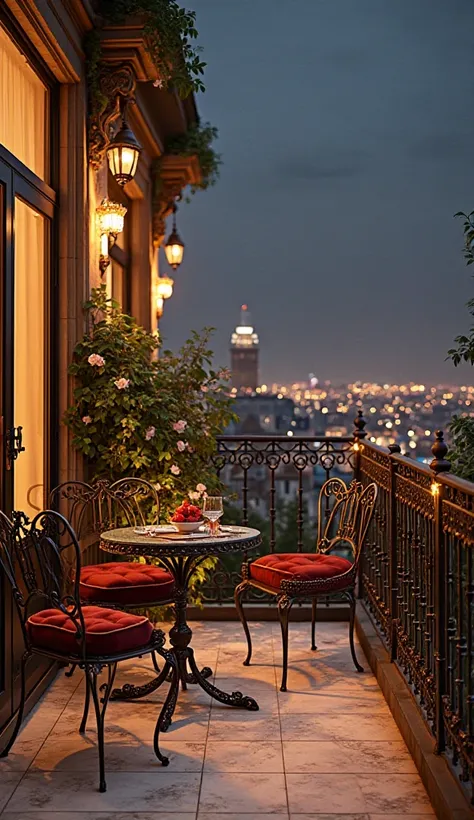 Balcony

"A modern Victorian balcony with an ornate marble floor, and wrought iron outdoor furniture in a classic elegant design. A small glass table with velvet cushioned chairs, hanging flowers in decorative pots, and romantic side lighting with warm lig...