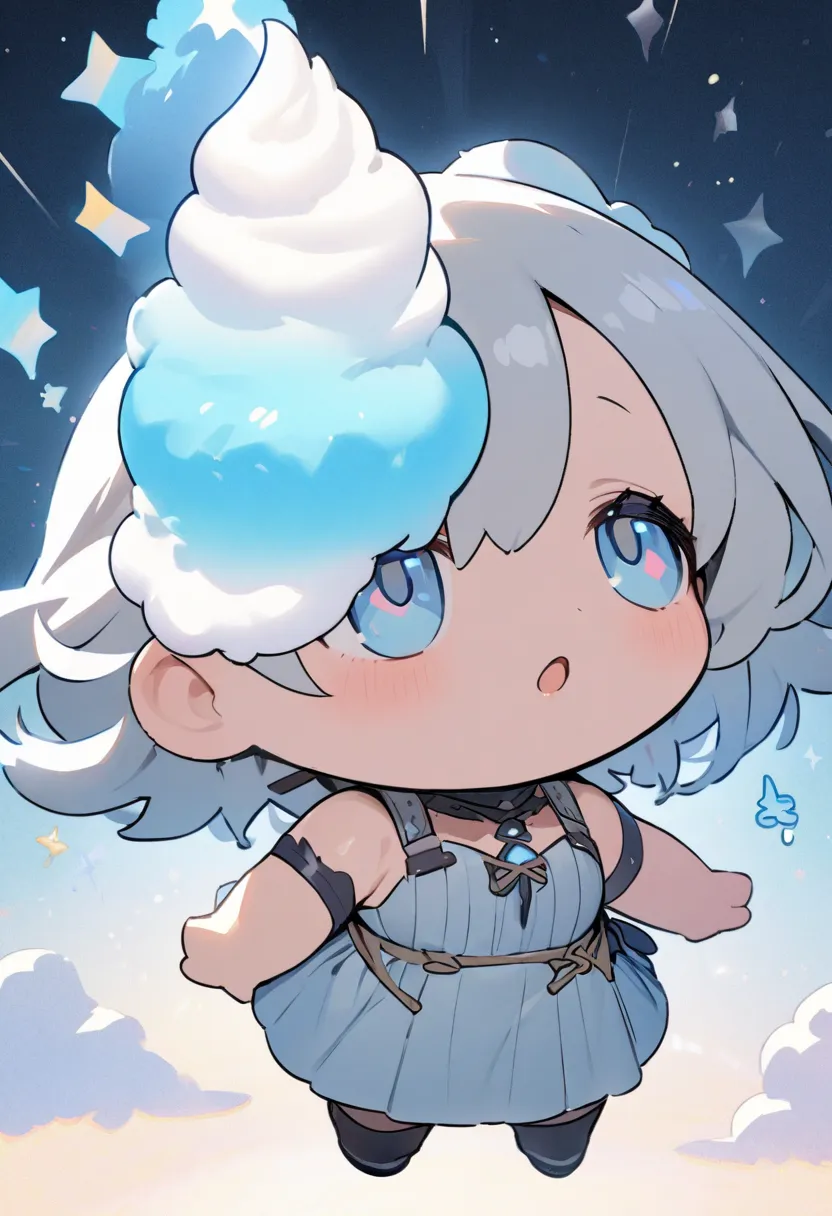 masterpiece, TOP QUALITY, with a drop in the sky and one soft serve ice cream shaped cloud, SD character Chibi-chan looking up