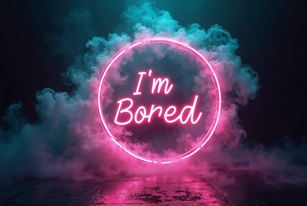 A dark magic circle monogram of the clear cursive text "I'M BORED" in a neon art style. The letters should be on a clear, mint green background with wisps of swirling, magenta smoke floating around the scene. The image should be viewed from the top, with n...