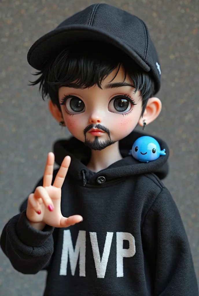 Doll of a boy with slanted eyes like Japanese, Very short hair with the side raspadana color black, black eyes, He has a beard and mustache, wears piercings on both ears, wears a black cap with the flap turned back, Wear a black sweatshirt with the word MV...