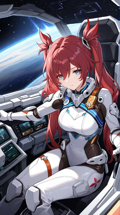 (masterpiece, best quality:1.2), highly detailed, 1girl ,  red hair , hair style is twintail  , fractal stars , fantasy space suite outfit , war in space  , sitting in robot cockpit , robot pilot , honkai star rail