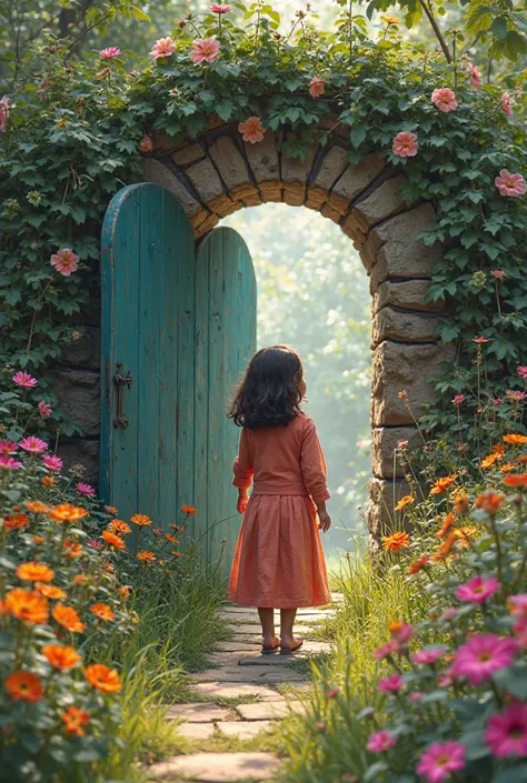 One day while playing, Zainab saw a small door in a corner of the garden that she had never seen before. She opened the door or stepped inside and suddenly found herself in a magical garden where she could see colorful flowers starting to bloom