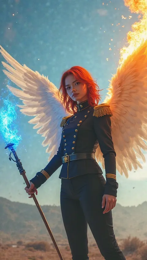 fantastic beauty、live-action、 perfect balance 、high definition、16k、Clear Images、fantasy closer to reality、pretty boy angel with red hair, fluffy, medium hair, and tight black military uniform spreading her big white wings、A blue fire in the right hand that...