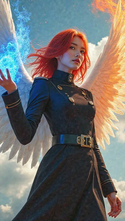 fantastic beauty、live-action、 perfect balance 、high definition、16k、Clear Images、fantasy closer to reality、pretty boy angel with red hair, fluffy, medium hair, and tight black military uniform spreading her big white wings、A blue fire in the right hand that...