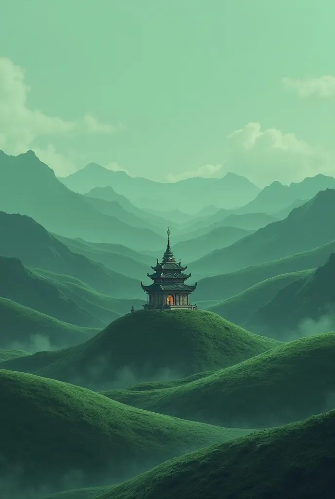 Dark green hills background ,small Temple, 