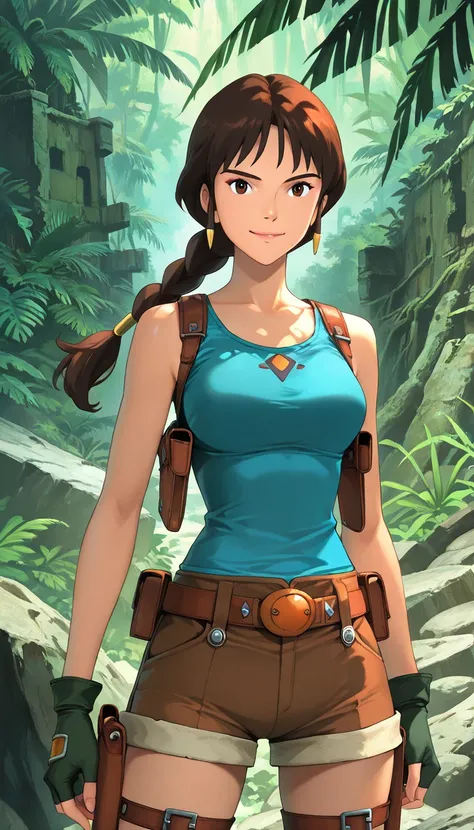 (1girl, NM_lara_tra), (extremely detailed CG unit 8k wallpaper),(master part), (best quality), (ultra detail), (best illustration),(ghibli_style), cowboy shot, close up, standing, facing viewer, looking at viewer, perfect face, perfect eyes, perfect finger...