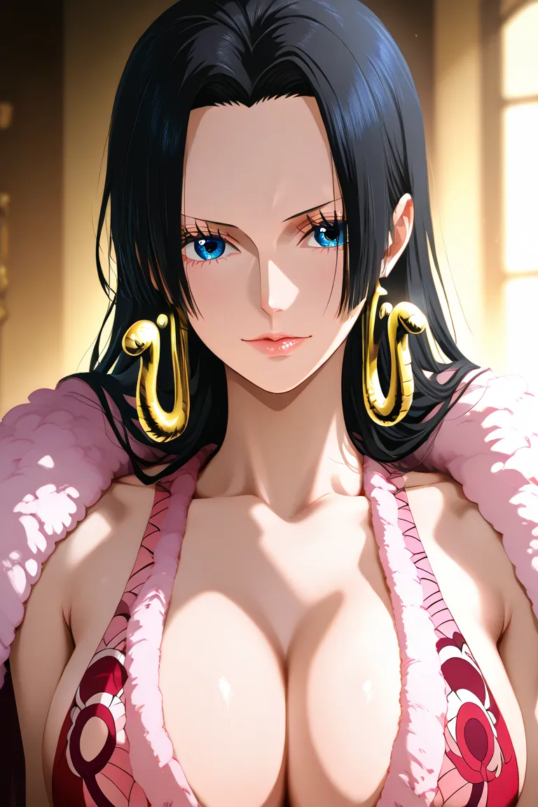 1 girl, boa Hancock, one piece, huge boobs, tight dress, cleavage, slim waist, sexy, tall, hot, transpiring, blushed, red chicks, bitting lips 