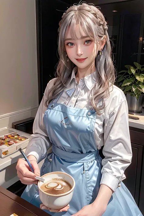 (from below:1.1),((1girl, silver hair, long hair, qutel blue eyes, beautiful eyes, pretty smile:1.5, ), coloring watercolor digital pencil ,Cherry blossoms falling,an animated painting of a woman in an apron standing at a coffee maker, 1girl, brown hair, s...