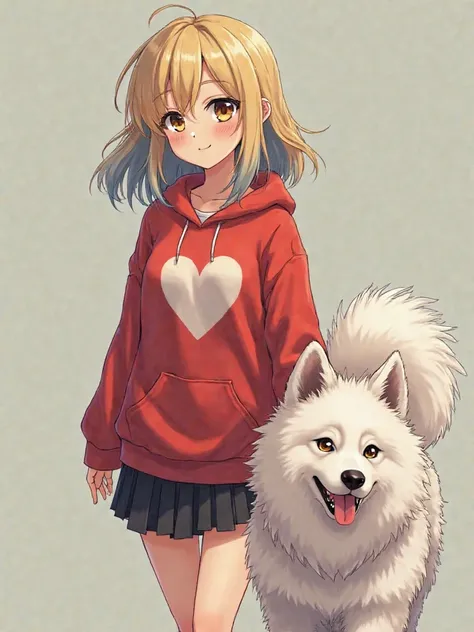 A Japanese woman with a beautiful face walking with a white Samoyed dog( real )The hair color is blonde and gray two-tone semi-long hair　The dress is a bright red hoodie with a heart symbol　black miniskirt　