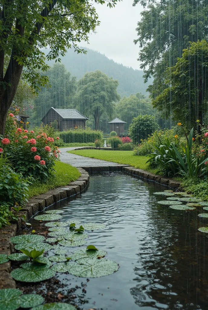 Picture a quiet countryside scene, where a gentle rain falls softly, creating a peaceful rhythm. The sky is overcast, with shades of gray blending seamlessly, and raindrops create ripples on the surface of a calm pond. The lush greenery around the water sp...